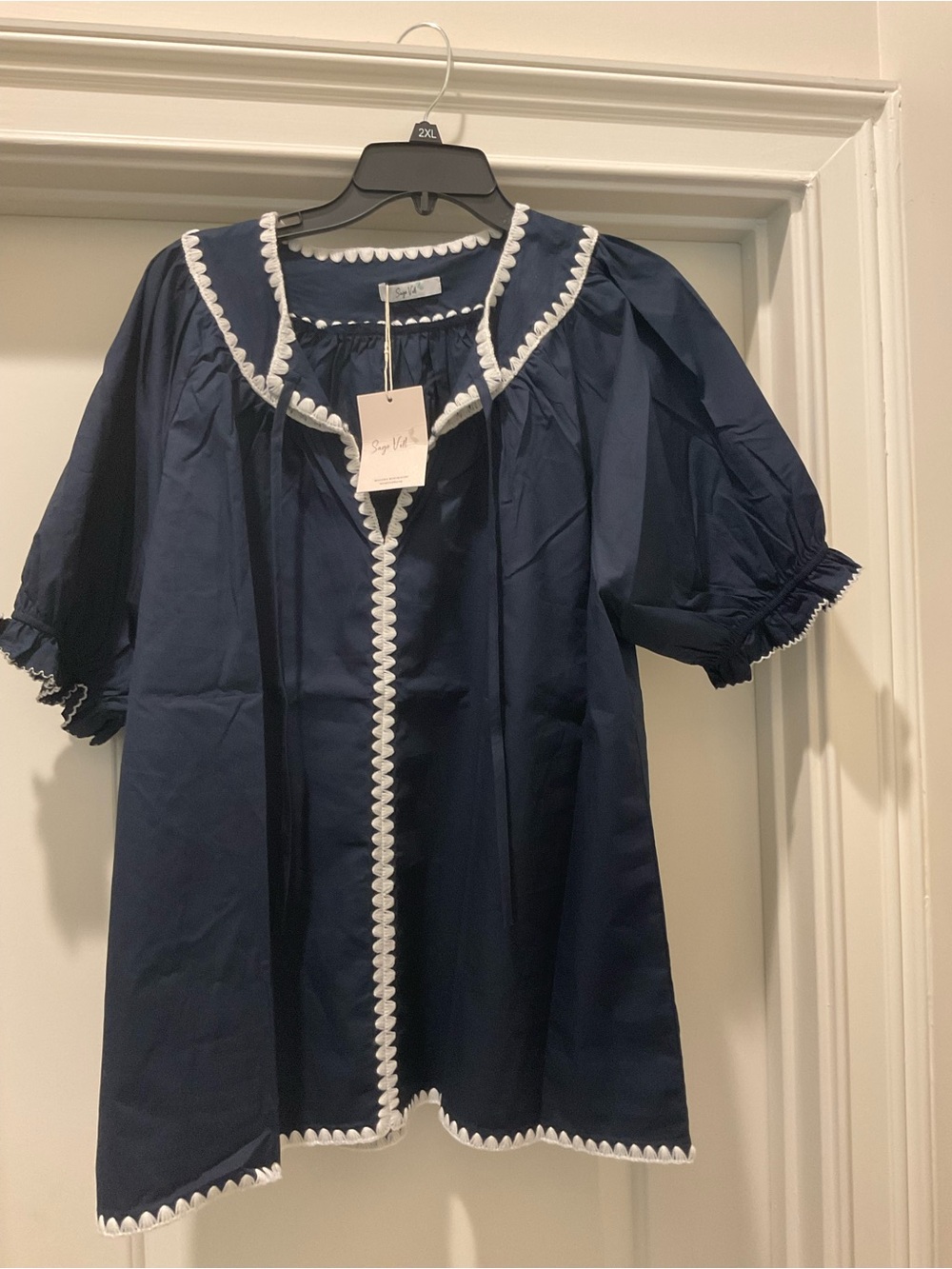 Sea Blue Puff Sleeve Blouse with White Trim
